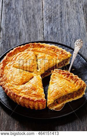 Sliced Ground Beef Meat Pie With A Flaky Puff Pastry Double Crust With Hearty Minced Beef Cooked Wit