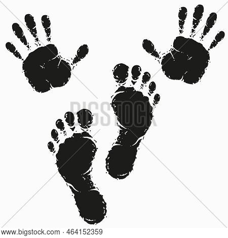 Black Footprint And Hand Print. Imprint Of Human Foot, Monochrome Print Palm, Vector Illustration