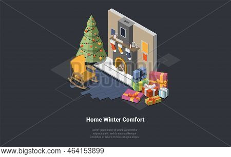 Christmas Home Atmosphere. Xmas Celebration, Cozy Atmosphere, Fireplace With Christmas Stockings, Ar