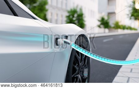 High-speed Charging Station For Electric Vehicles On City Streets With Blue Energy Battery Charging.