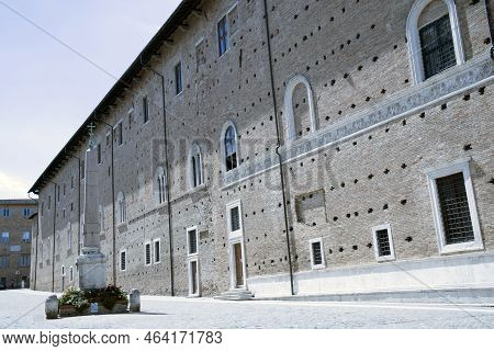 Urbino, (PU), Italy - August 10, 2022: Piazza del Rinascimento with Palazzo Ducale, Urbino, Pesaro Urbino, Marche, Italy, Europe
