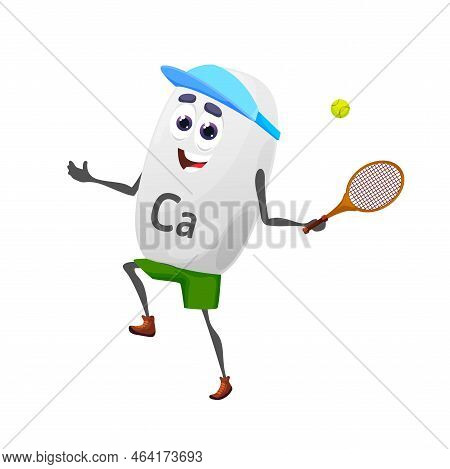 Cartoon Calcium Tennis Player Character With Racket. Isolated Vector Ca Sportsman Personage, Mineral
