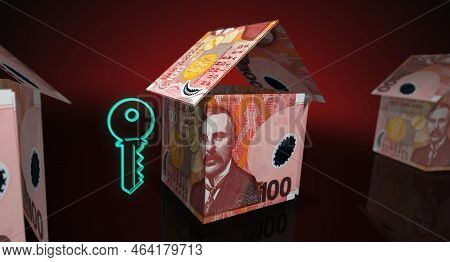 New Zealand Dollar 100 Nzd Money Banknotes Paper House On The Table 3D Illustration