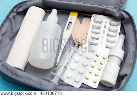 First Aid Kit With A Set Of Medicines And Tablets For First Aid And Illness. Necessary And Important