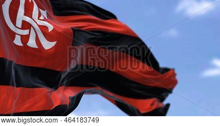 Rio De Janeiro, Br, October 2022: Close-up View Of The Flamengo Flag Waving In The Wind. Flamengo Is