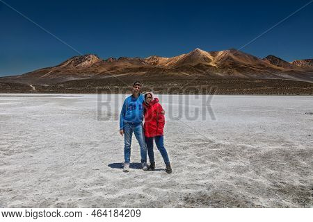 Tourist Couple On The Laguna De Salinas 62 Km East Of Arequipa At An Altitude Of 4300 Meters In The 