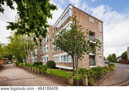Pentlands Court, Cambridge, England - May 10 2019: Cambridge City Four Storey Apartment Block Exteri