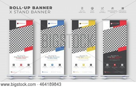 Corporate business modern roll up stand banner design, pull up vector creative x stand template with geometric shape
