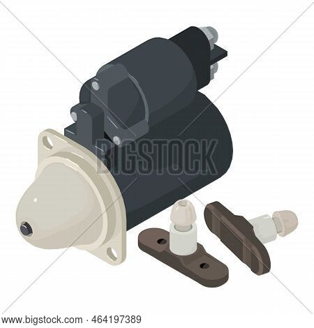 Detail Icon Isometric Vector. Car Starter And Pair Of New Bicycle Brake Pad Icon. Automotive And Bic