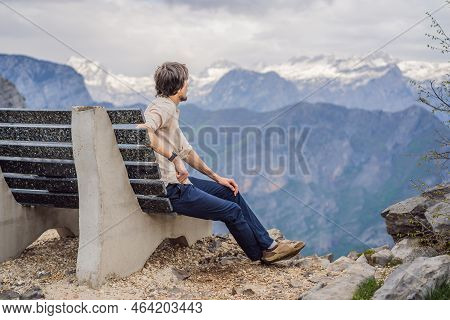 Man Tourist On Background Of Breathtaking Panoramic View Of The Grlo Sokolovo Gorge In Montenegro. I