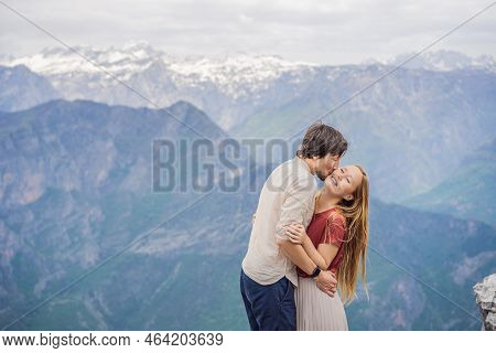 Man And Woman Happy Couple Tourists On Background Of Breathtaking Panoramic View Of The Grlo Sokolov