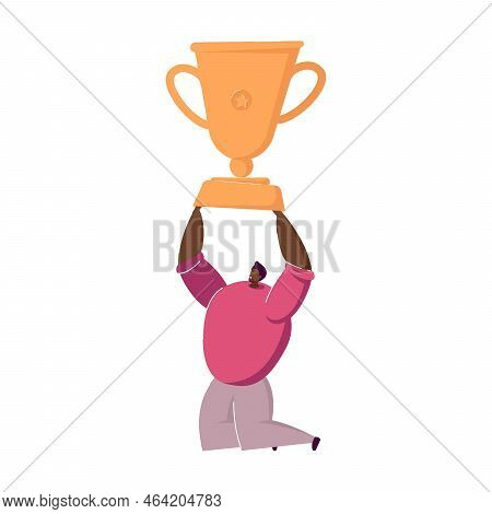 Man In Winning Party, Celebrating Success, Getting Reward, Dancing Around Huge Prize Cup. Vector Ill