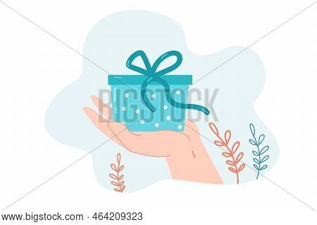 Hand Holding Gift Box Flat Vector Illustration. Person Receiving Or Giving Present, Holding Cardboar