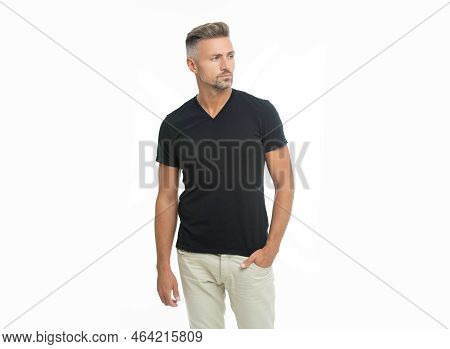 Charismatic Grizzled Guy Style. Studio Shot Of Grizzled Guy. Mature Grizzled Guy Isolated On White