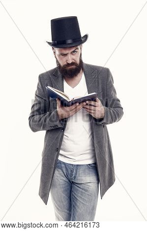 Artistic Person. Talented Artist. Bearded Man Read Book Isolated On White. Poetry Reading. Inspirati