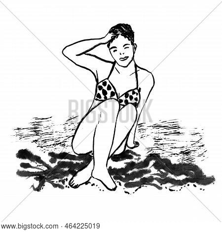Hand Drawn Illustration Of Woman Sitting On Beack Ocean Sea, Lady Girl In Bikini Swimwear Swimsuit O