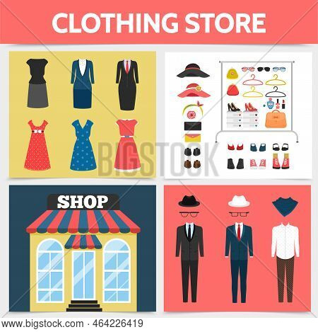 Flat Clothing Shop Square Concept With Store Facade Dresses Suits Hats Eyeglasses Shoes Brooch Cosme