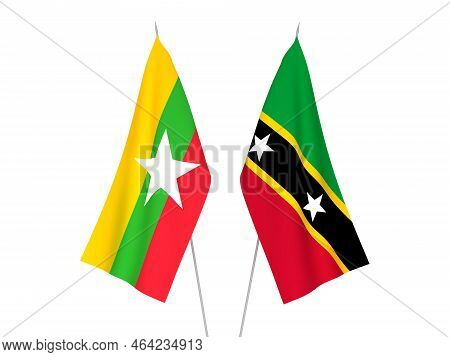 National Fabric Flags Of Myanmar And Federation Of Saint Christopher And Nevis Isolated On White Bac