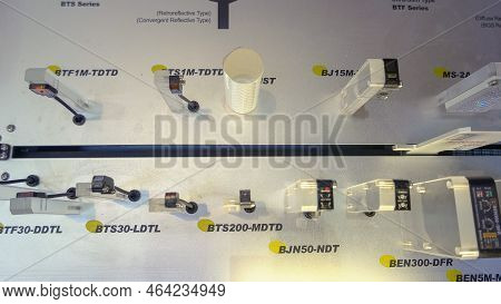 Kiev, Ukraine - 10.04.2019: Industrial Print Machine Mechanism Top View Close-up. Retroreflective Ty