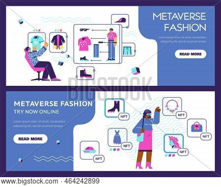 Metaverse Fashion Banners Set, Flat Vector Illustration.