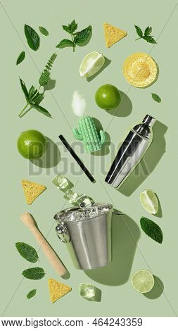 Mojito Cocktail Concept Flat Lay On Green Background