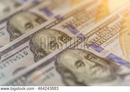 Money American Hundred Dollar Bills.closeup Of Assorted American Banknotes.us Currency Scattered On 