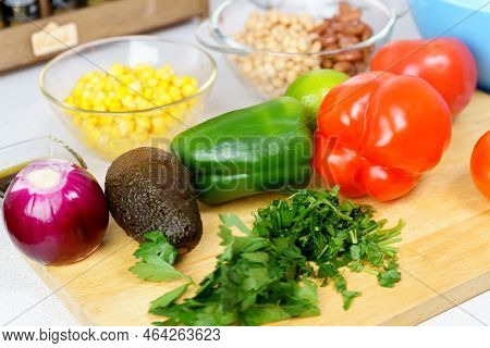 Salad Texas Caviar. Vegetable Dish With Corn, Beans, Pepper, Pepper, Tomatoes, Beans. Served With Co