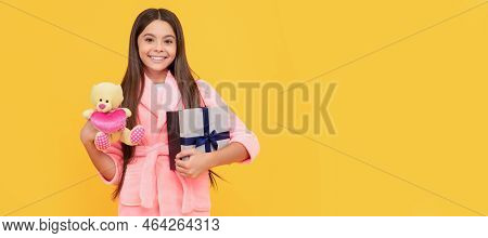 Childhood Happiness. Good Morning. Kid Wear Soft Nightsuit Play With Toy. Child In Cozy Sleepwear. T