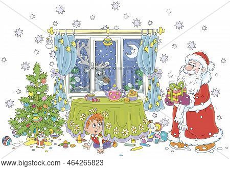 Curious Little Boy Furtively Peeking Out From Under A Table And Spying On Santa Claus Bringing His H