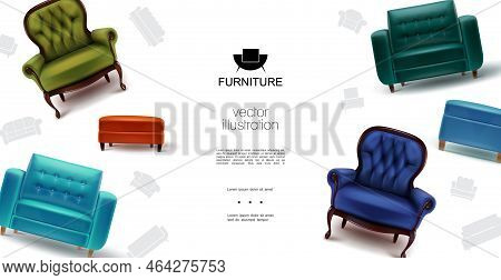 Realistic Furniture Objects Template With Soft Colorful Armchairs Chairs And Tabourets Vector Illust