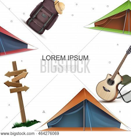 Realistic Camping Colorful Template With Wooden Signboard Acoustic Guitar Chair Tents Backpack Pith 