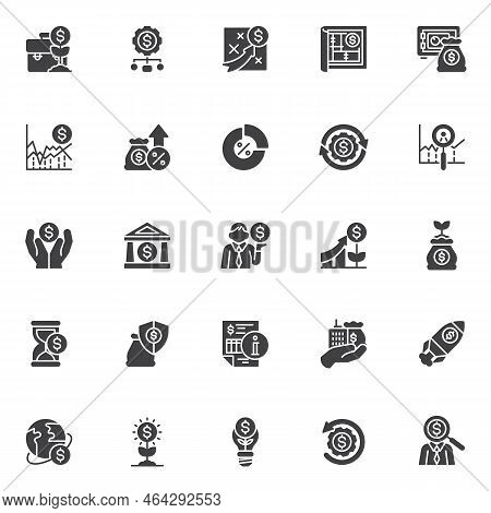Financial Investment Vector Icons Set, Modern Solid Symbol Collection, Filled Style Pictogram Pack. 