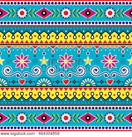 Pakistani And Indian Seamless Vector Pattern, Jingle Truck Art Design, Colortful Ornament With Flowe