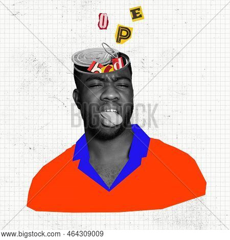 Brain Wash. Young Man In Image Of Zombie With Little Drawn Letter In His Head Isolated Over Abstract