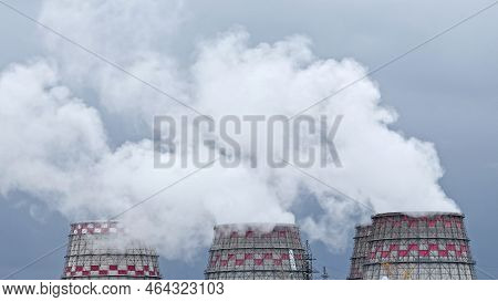 Steam From Industrial Cooling Towers Destroys Ecological System Of Planet. Power Plant Produces Toxi