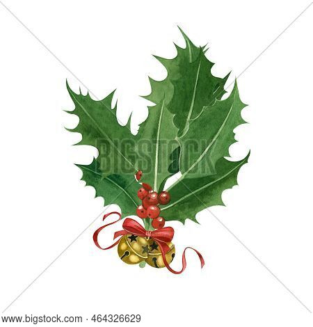 A Comosition Of Watercolor Elements Green Twigs With Red Berries, Holly And Podduba Hand-painted In 