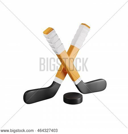 Crossed Hockey Sticks And Puc 3d Rendered Illustration. Team Winter Sport Championship Concept. Isol