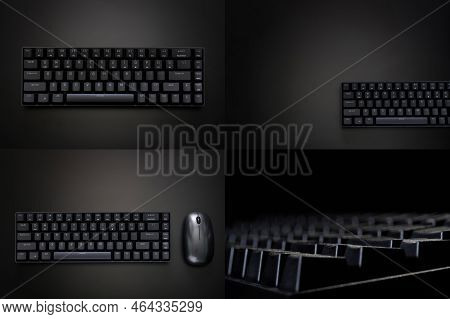 Set Of Four Photos With A Modern Black Gaming Ergonomic Computer Keyboard On A Dark Background. Wire
