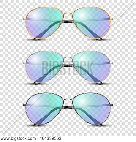 Vector 3d Realistic Round Frame Glasses Set With Blue And Purple Transparent Glass Isolated, Transpa