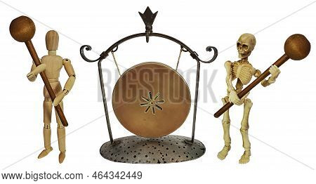 Person And Skeleton With Metal Gong That Can Be Striked To Make A Ringing Sound