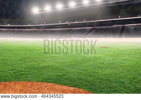 3d Rendering Of Baseball Diamond On Field At Brightly Lit Outdoor Stadium. Focus On Foreground And S