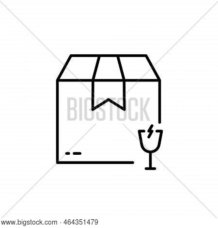 Caution Parcel Cardboard Box With Glassware Care Line Icon. Careful Glass Handle Shipping Linear Pic