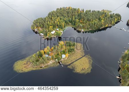 Aerial Drone View Of Rono And Varnisaary Island In Kallavesi Lake Eastern Finland Kuopio , Europe No