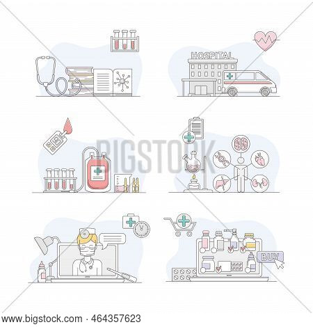 Pharmacy, Science And Medical Care Signs Set. First Aid, Online Consultation, Chemical Lab Research 
