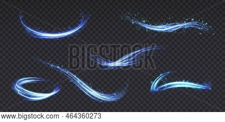 Set Of Abstract Light Lines Of Movement And Speed. Light Blue Ellipse. Brilliant Galaxy. Glowing Pod