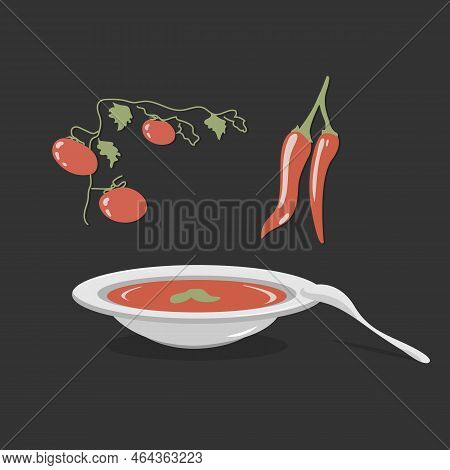 Plate Of Soup Puree With Fresh Vegetables Ingredient. Cream Soup With Tomatoes, Pepper And Bazil. Ve