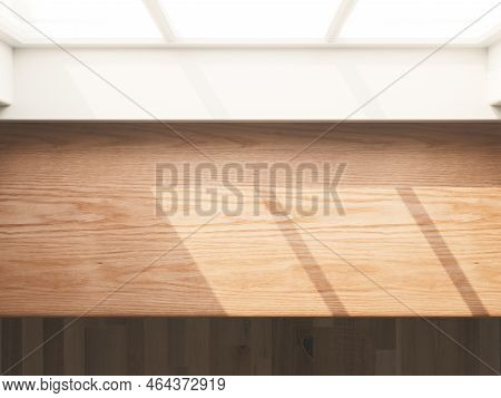 A Closeup View Of An Empty Wooden Kitchen Countertop Facing A Sinled Window Looking Outwards In The 