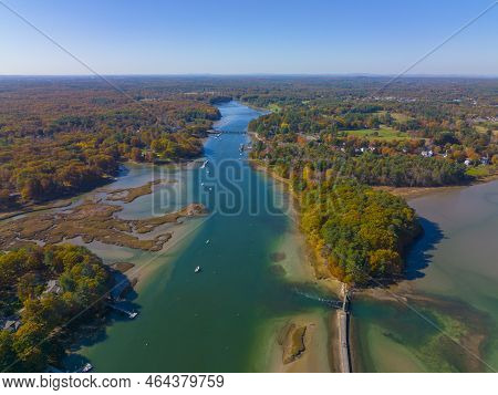 York River Aerial View In Fall And Wiggly Bridge At Barrell Mill Pond Dam Near The River Mouth To Th