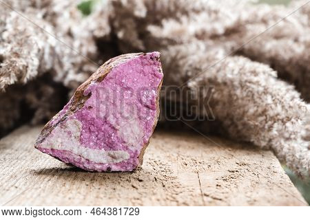 Cobaltoan Calcite Pink Crystals Cluster. Spherocobaltite Cobalt Carbonate Mineral Stone Over Natural