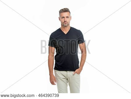 Handsome Mature Grizzled Guy Isolated On White Background. Grizzled Guy In Casual Tshirt